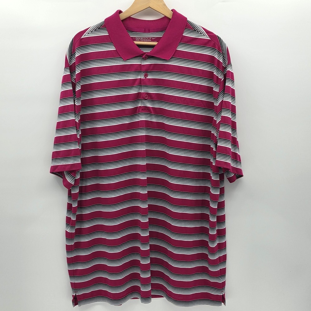 Nike Golf Polo Shirt Mens XXL Pink Striped Dri Fit Tour‎ Performance Stretch